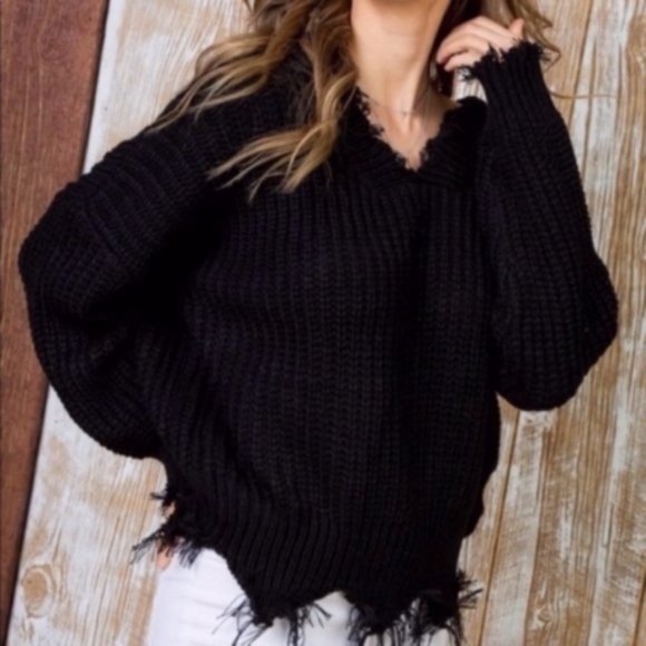 035 cozy v neck frayed hem distressed knit sweater - Picture 7 of 8
